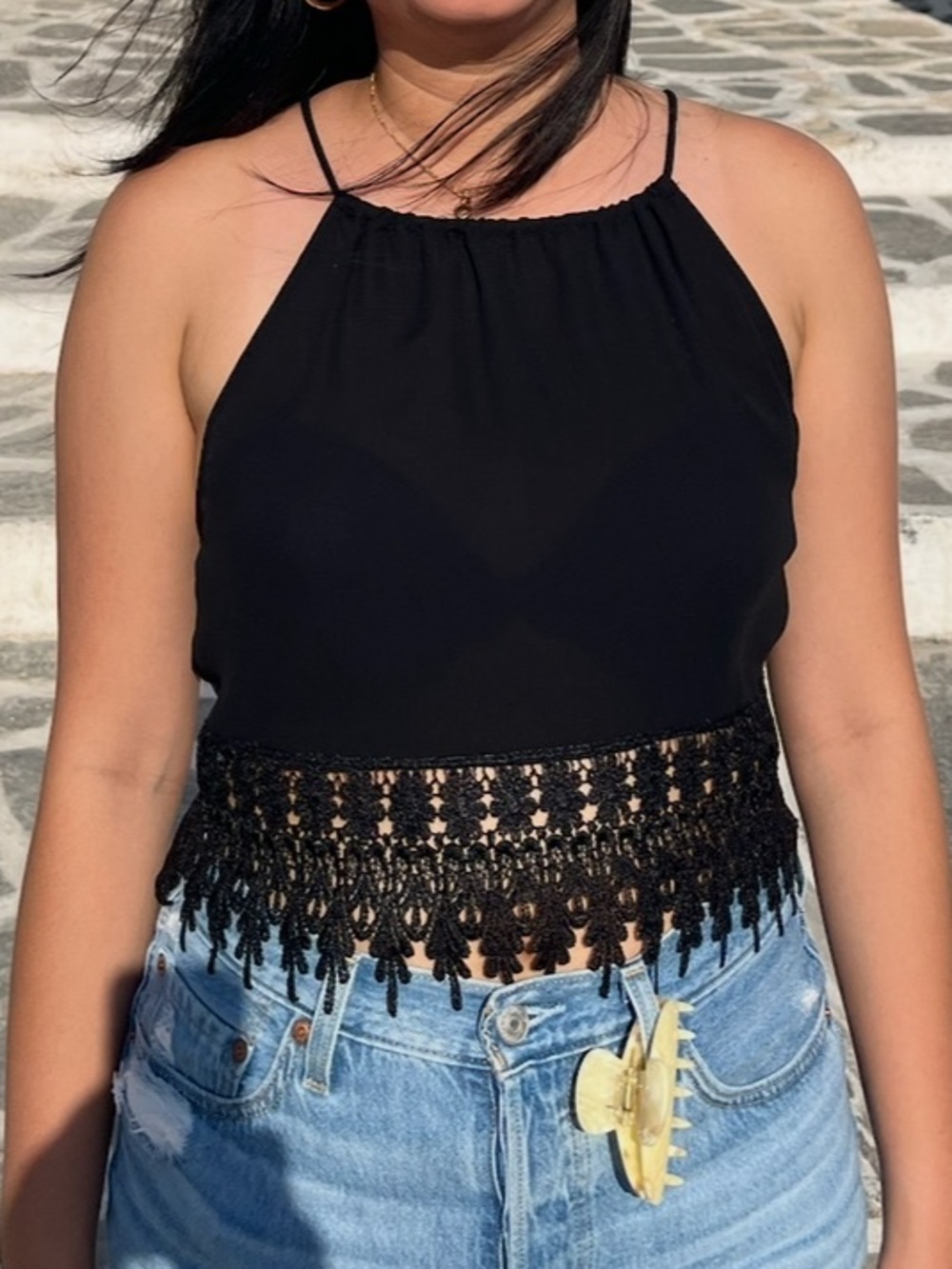 Black Crochet Hem Halter Crop Top